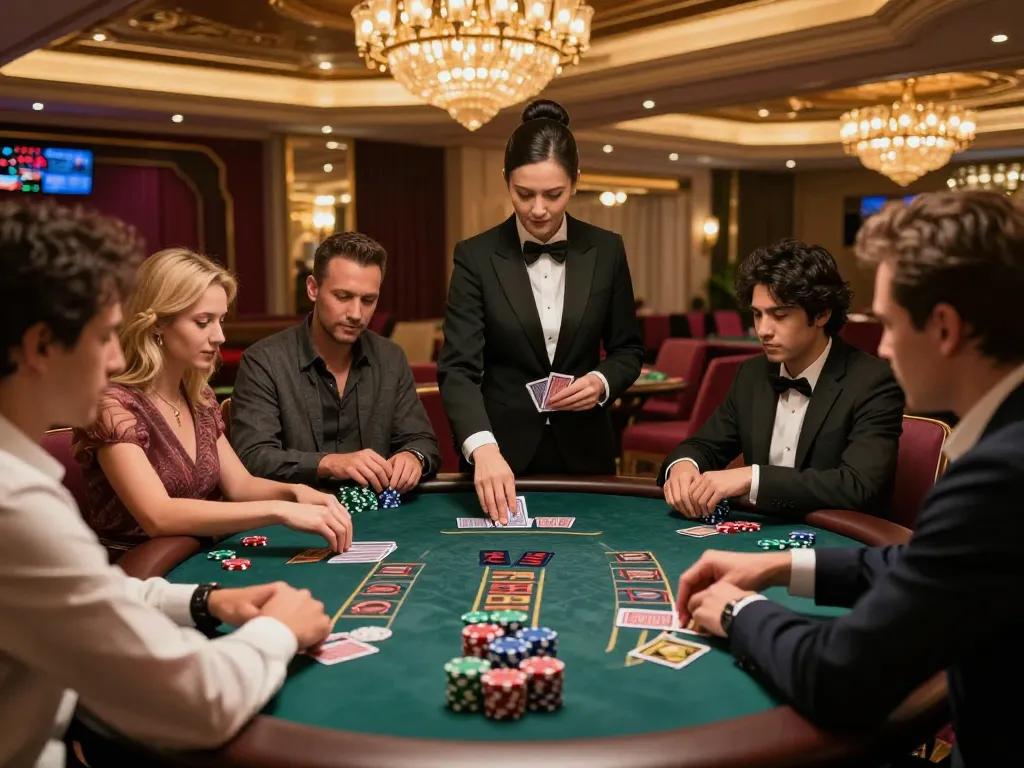 Players engaging in a thrilling game of blackjack at XX88 casino, featuring an upscale ambiance and intense focus.