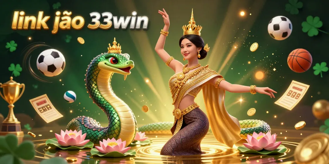 Experience link vào 33win with a vibrant 3D illustration showcasing an Asian woman in traditional attire alongside a Naga serpent, surrounded by dynamic sports elements.