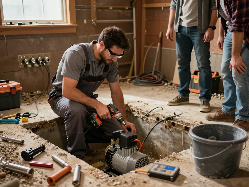Sump pump installation in a residential basement with technician and homeowner collaborating during evening light