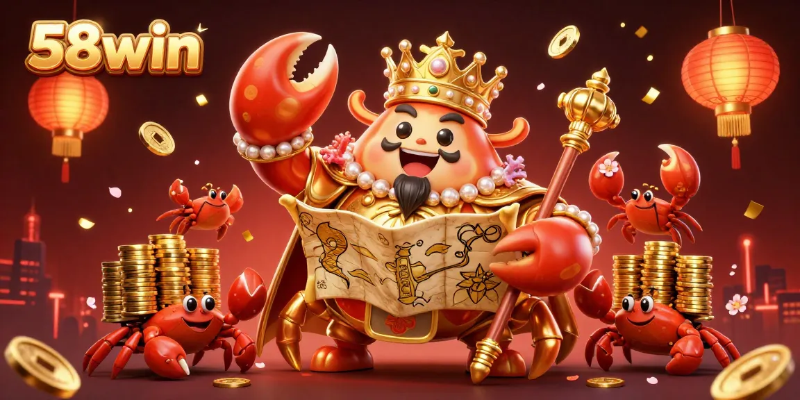 Engage with 58win's immersive 3D casino world featuring a golden crab emperor and festive elements.