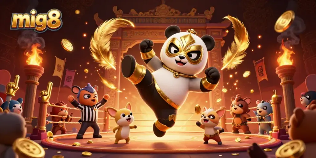 Engage in thrilling spins with mig8 as a panda wrestler takes to the air with excitement.