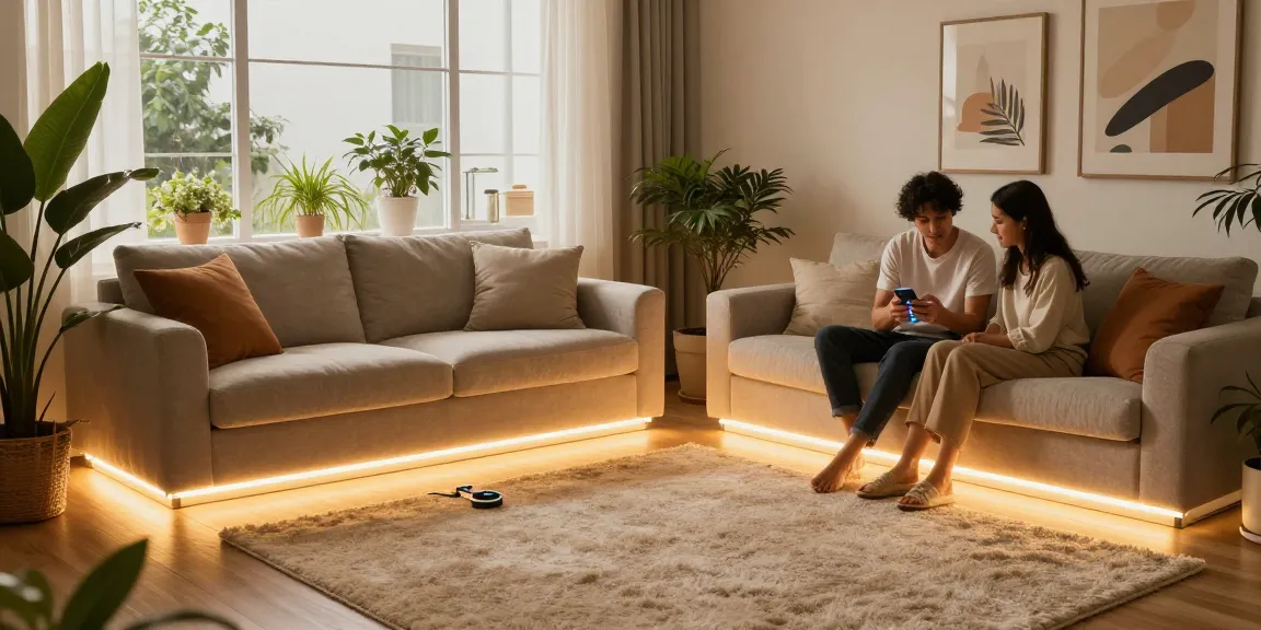 Benzi LED care iluminează un living modern, cu un cuplu ajustând culorile pe smartphone.