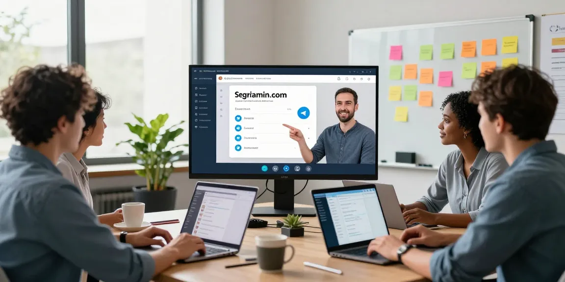 Team collaborating on telegraimin.com platform in modern workspace, showcasing digital communication tools.