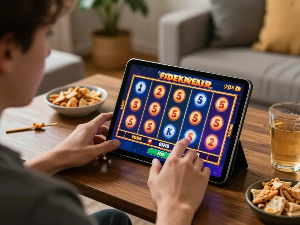 Play exciting online slot game on tablet while enjoying cozy atmosphere at home with 7m-7m