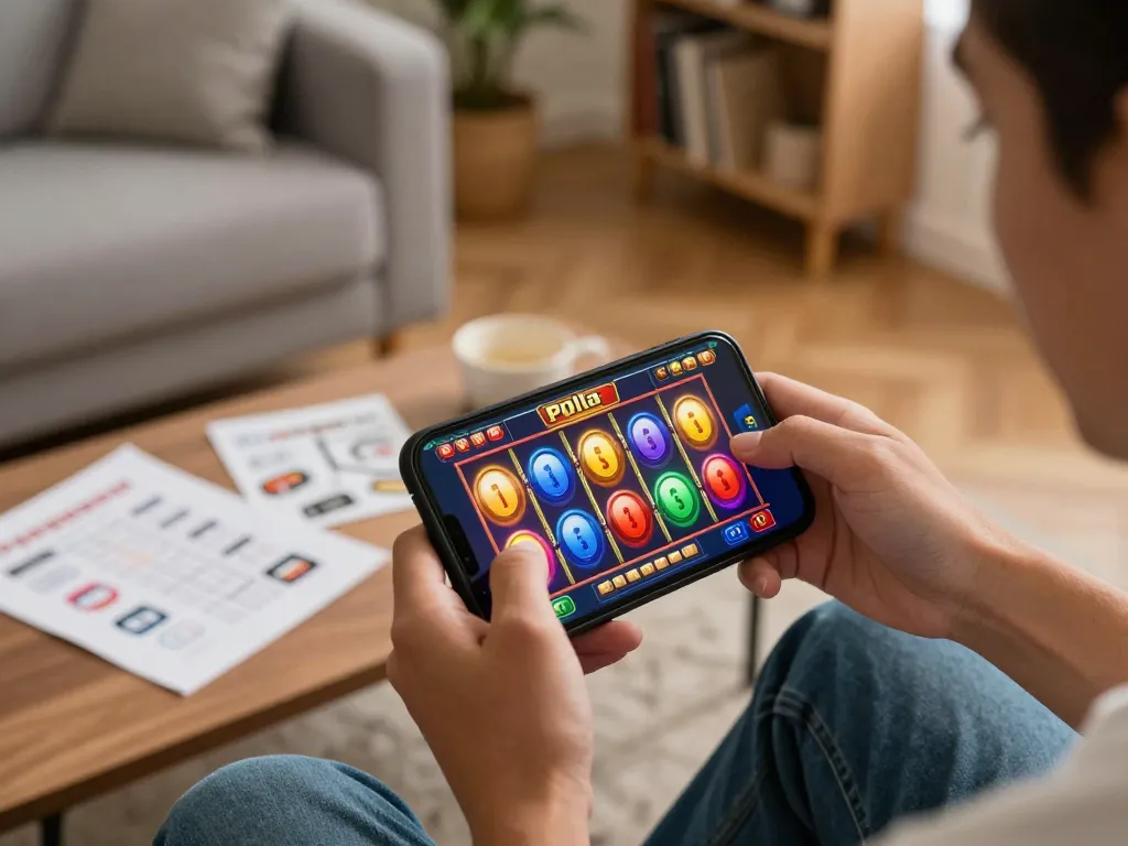 Engaging scene of online gambling with slot pulsa gaming on smartphone in a cozy home setting.
