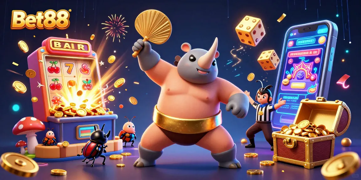 Bet88 showcases a thrilling casino scene with a sumo beetle champion amidst jackpot excitement.