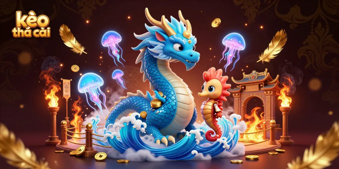 Bet on kèo nhà cái with a vibrant 3D illustration featuring a water dragon, seahorse knight, and jellyfish in a casino setting.