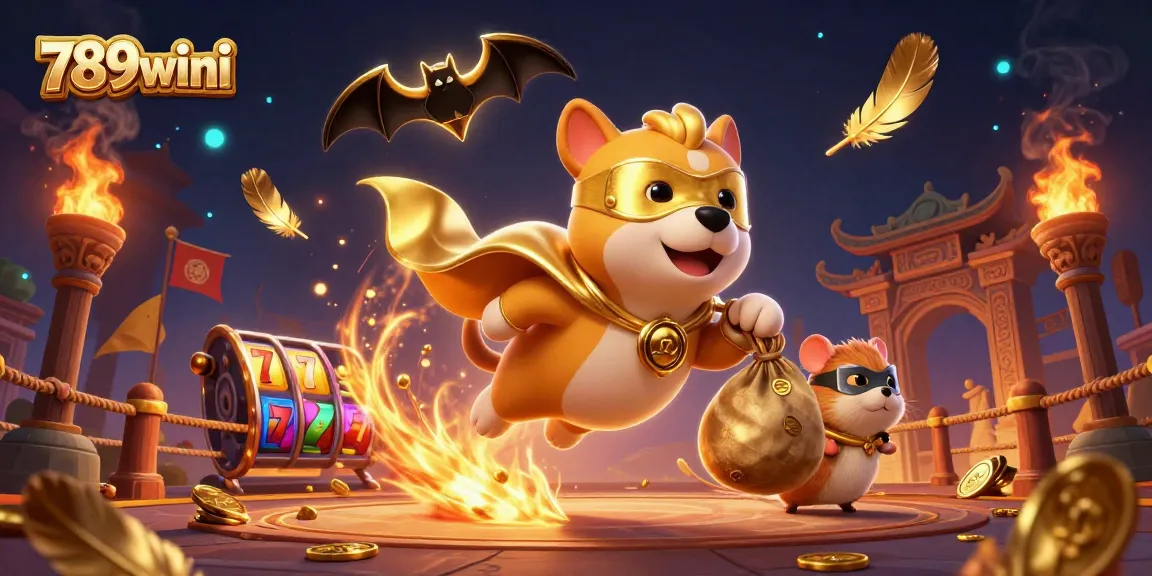 789wini superhero dog flies with gold coins and slot reels in thrilling casino scene.