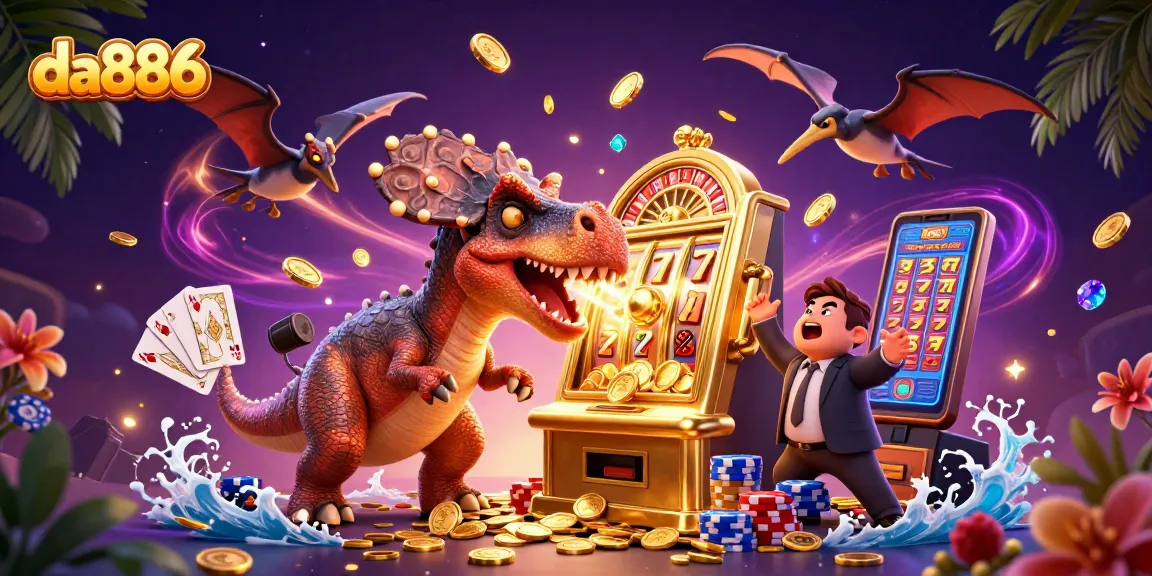 Experience jackpot excitement at da886 with a cartoon dinosaur and casino adventure scene.
