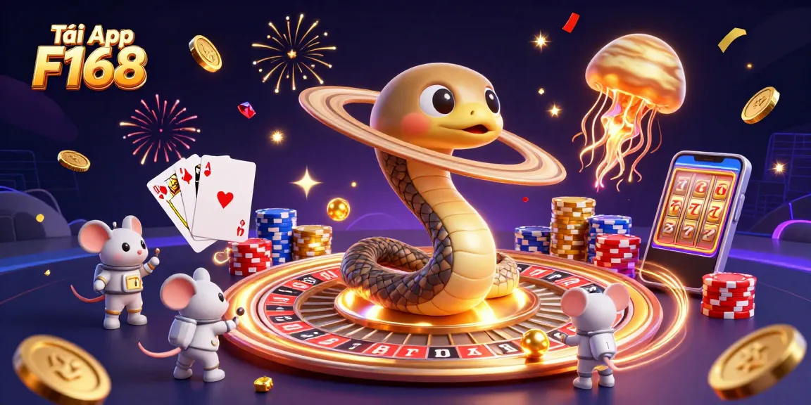 Tải App F168: Spin the galaxies with a cosmic dealer in this vibrant casino illustration.