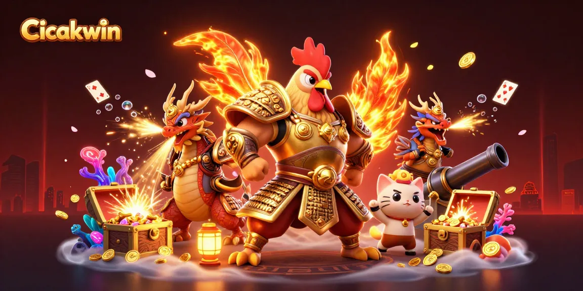 Cicakwin offers thrilling gaming experiences with a fierce rooster warrior, dragon hatchling, and treasure elements.