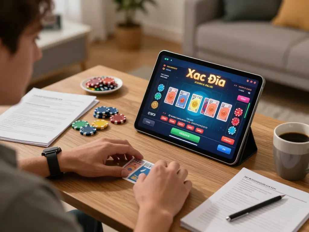 Xóc Đĩa Online gameplay in action on a tablet at a cozy home setup, showcasing strategic thinking with vibrant game interface.