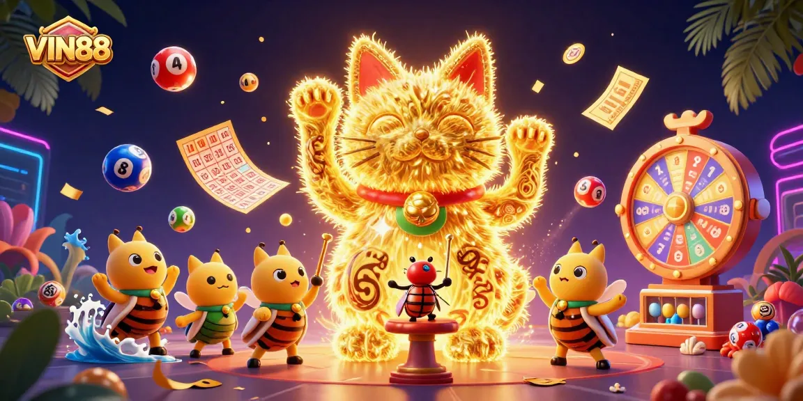 Experience exciting gameplay with VIN88, featuring a giant lucky cat, vibrant lottery elements, and dynamic casino symbols.