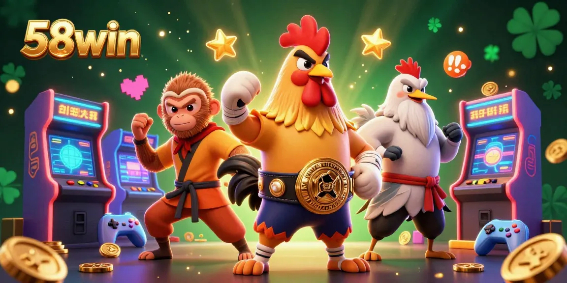 Engage with 58win's vibrant casino experience through a dynamic illustrated scene of gaming characters.