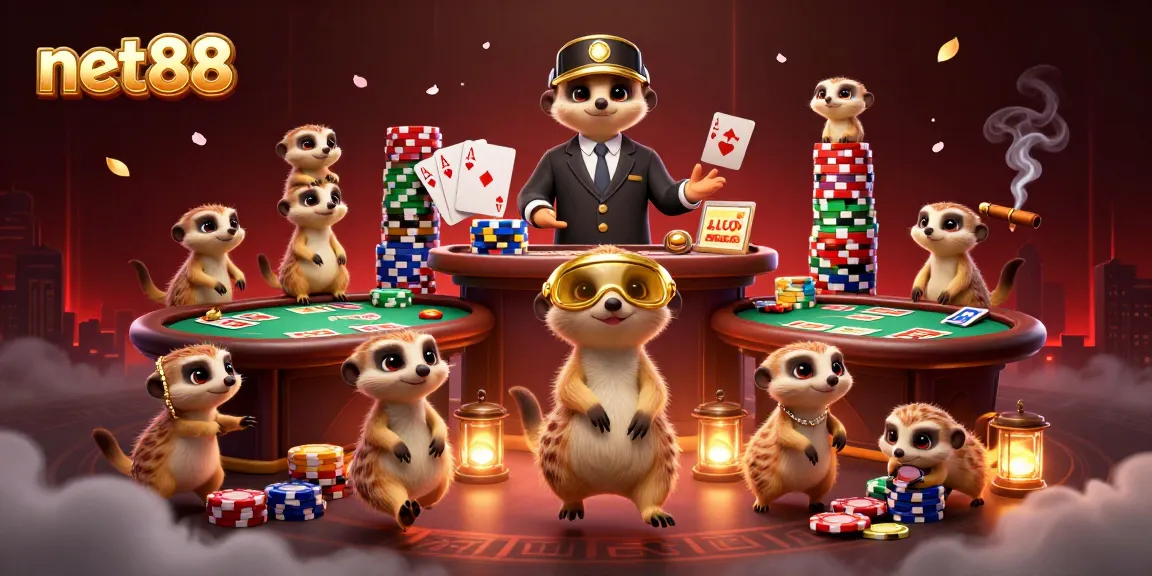 Net88 meerkats winning chips at a vibrant online casino with poker themes.