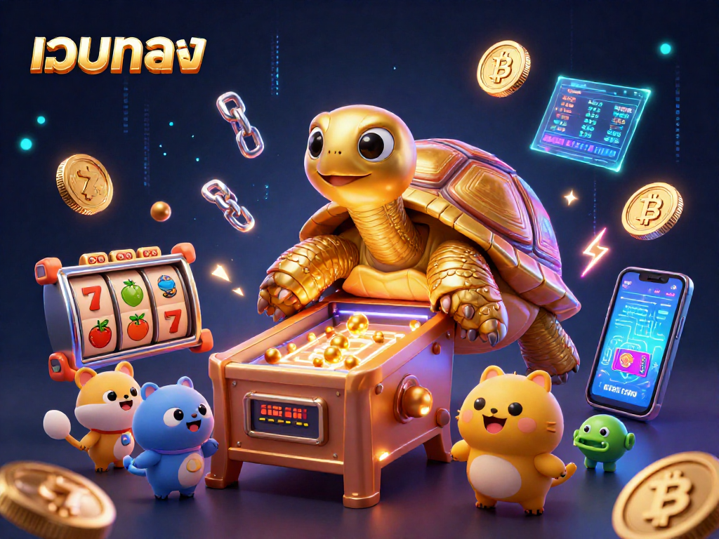 Play slots at เว็บตรง with a vibrant 3D illustration of a golden tortoise pinball machine