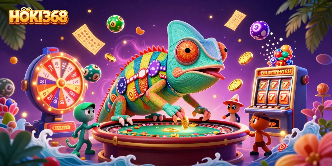 Spin the reels with HOKI368's vibrant casino scene featuring a chameleon owner and thrilling game elements.