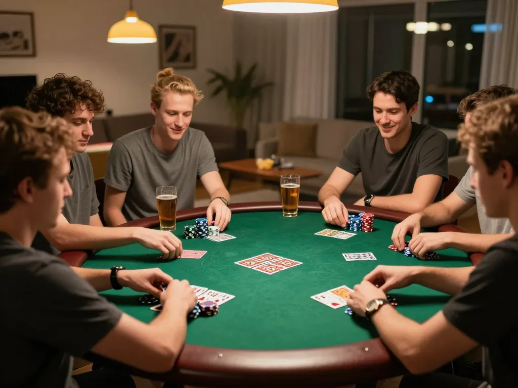 Friends engaged in an exciting poker game at home, showcasing the strategic environment of O8.
