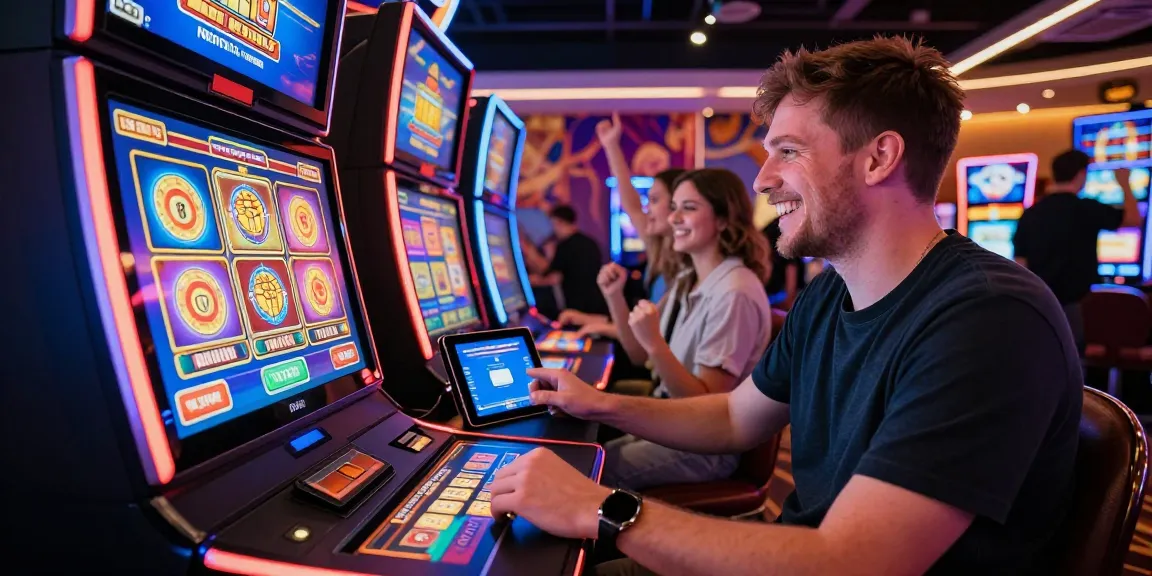 Glücklicher Spieler, der ein Paysafe Card Casino-Erlebnis mit lebhaften Spielen, digitaler Geldbörse und jubelnden Freunden genießt.