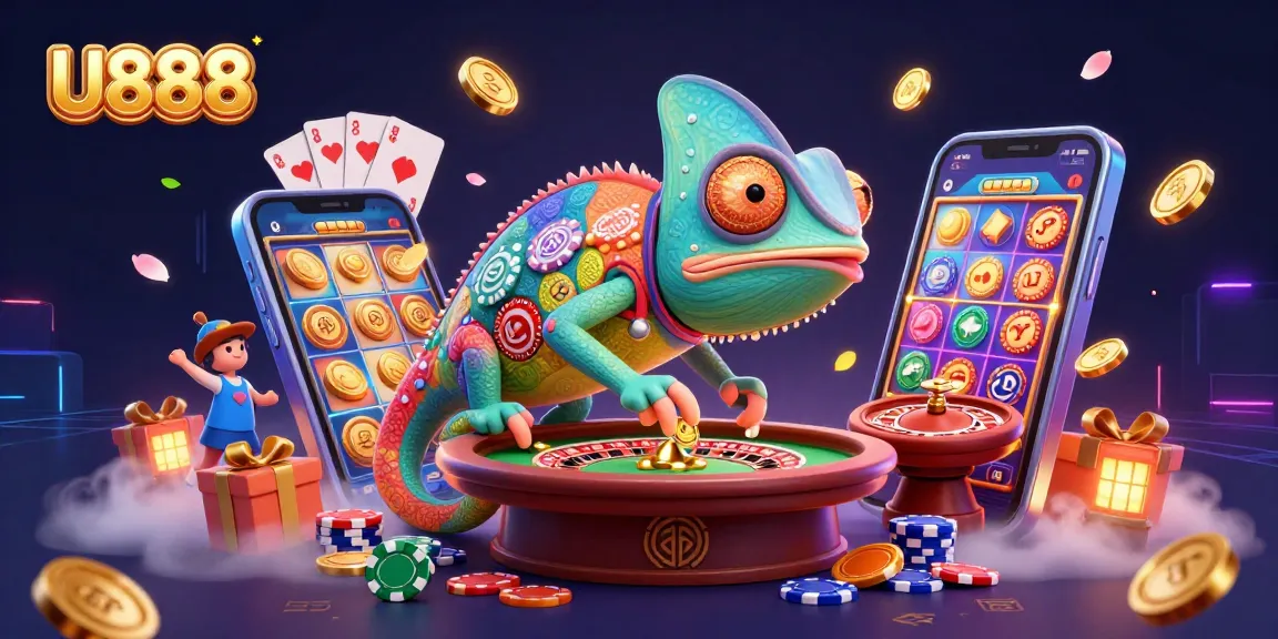 U888 chameleon casino owner absorbs golden coins with vibrant casino elements amidst dynamic gaming action.