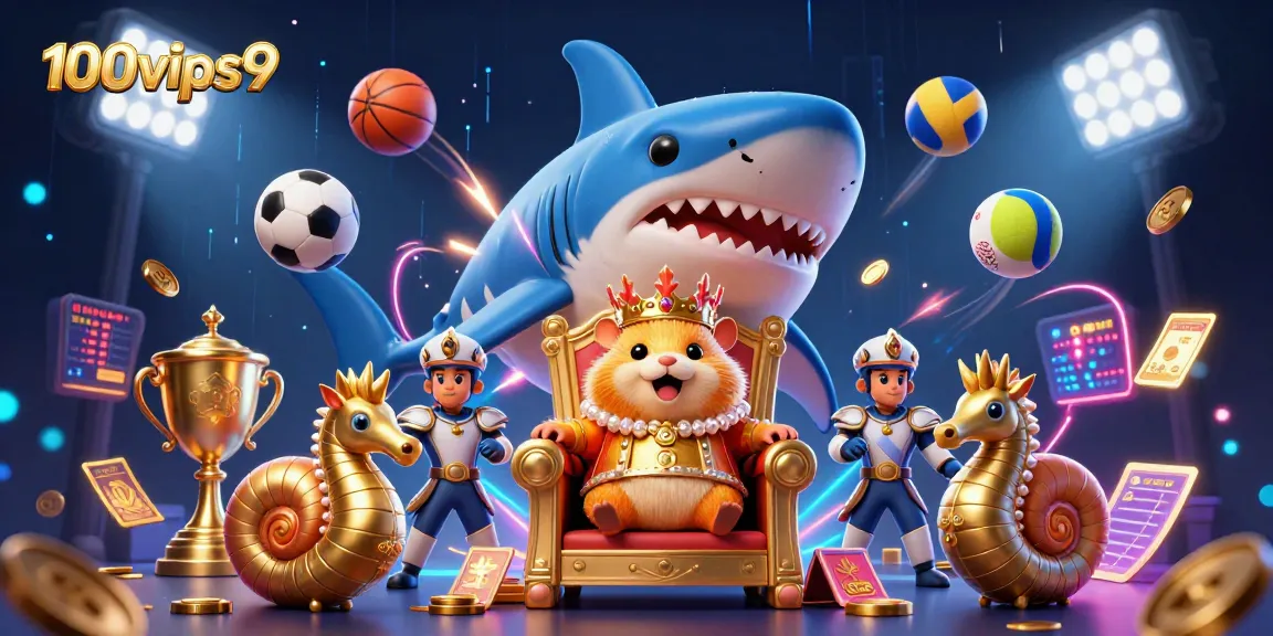 Experience thrilling action with 100vips9, featuring a golden hamster king amidst dynamic sports elements.
