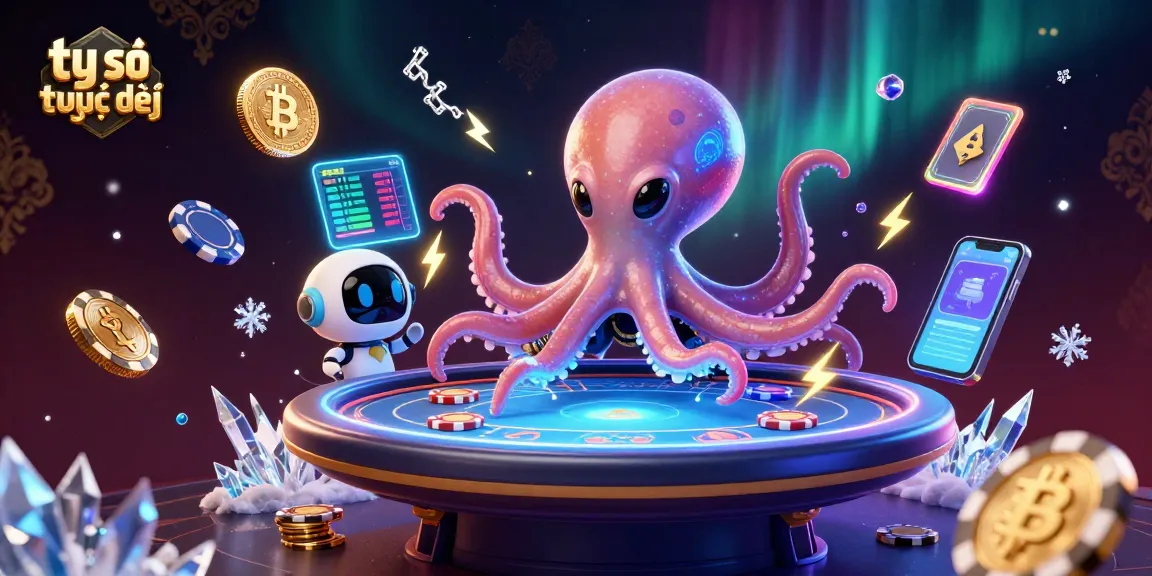 Engage in thrilling action with tỷ số trực tiếp as a vibrant alien octopus manages a poker table surrounded by blockchain elements.