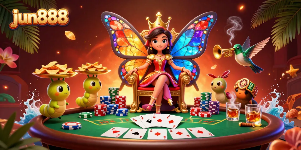 Experience the vibrant world of jun888 as a butterfly queen oversees a dynamic casino scene with poker chips and cards.