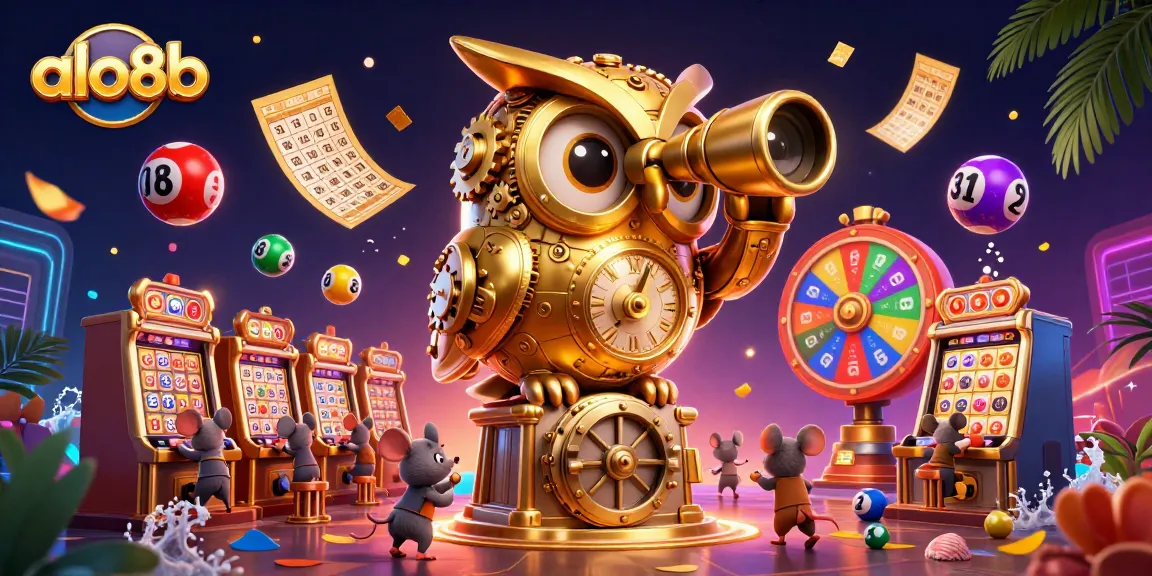 Engage in thrilling games at alo8b, with a golden owl overseeing a vibrant casino scene filled with excitement.