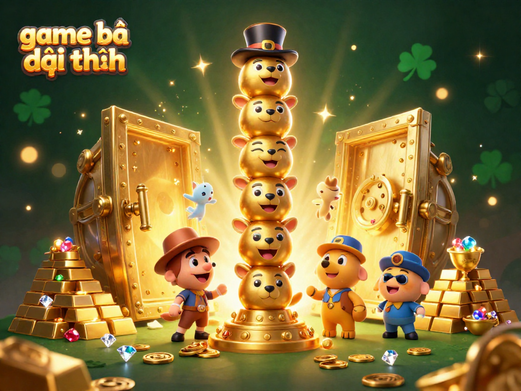Experience game bài đổi thưởng with gold treasures, vibrant characters, and dreamy casino vibes.