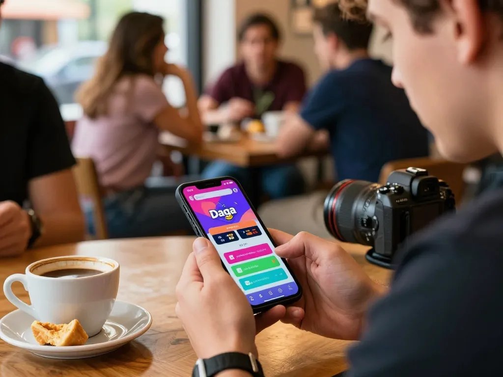 Daga smartphone app displaying live betting options during a café hangout, emphasizing mobile gaming interaction