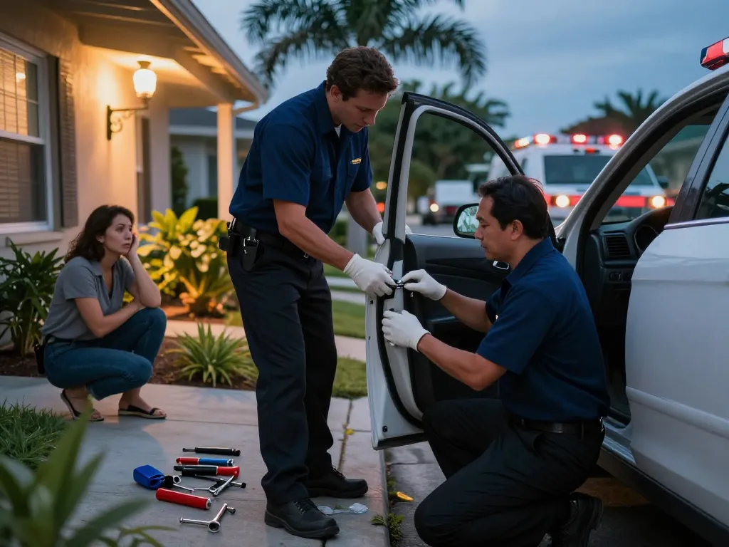 Emergency locksmith Palm City assisting with a car lockout at twilight, tools laid out, and a worried homeowner.