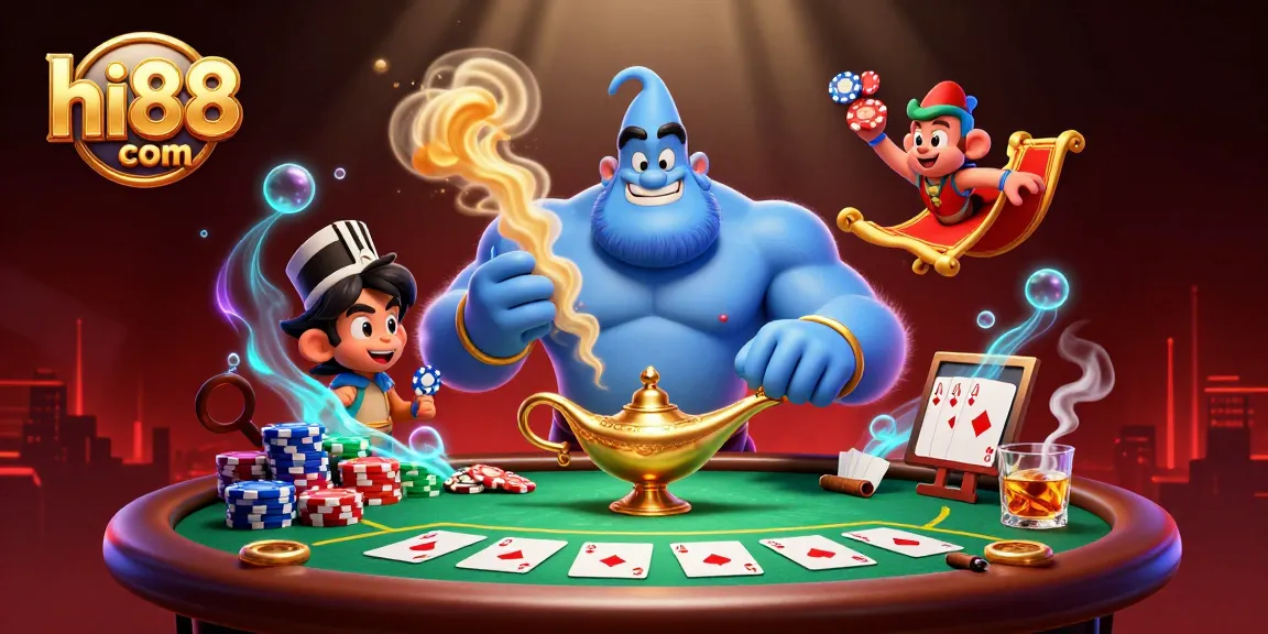 Engage in thrilling gameplay at hi88 com with an exciting 3D casino scene featuring dynamic characters and poker elements.