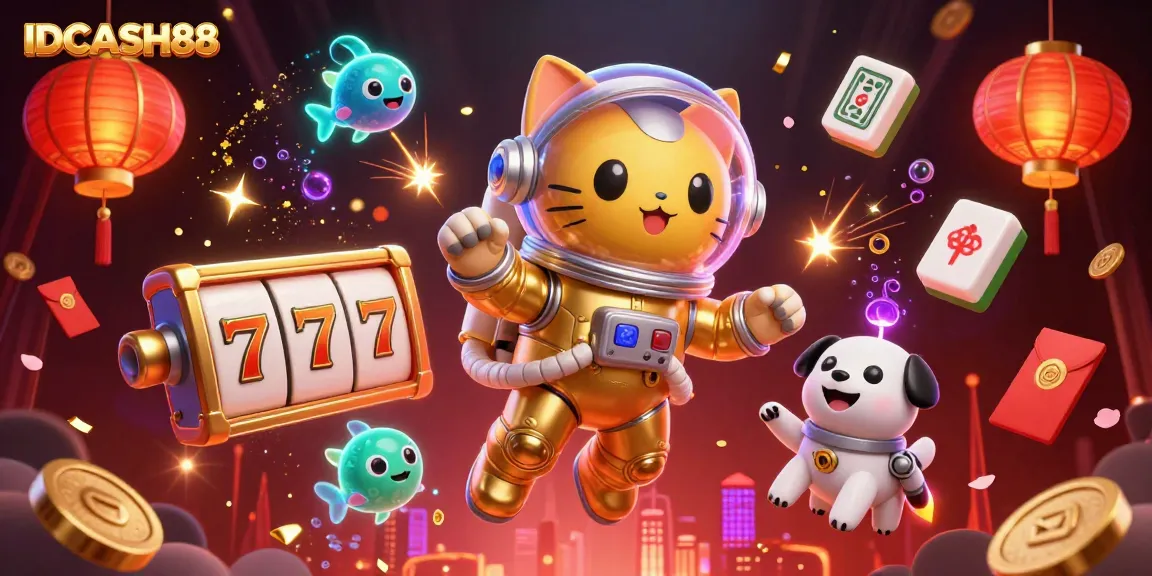 IDCASH88 transports you to a vibrant casino scene with floating slot reels and captivating characters.