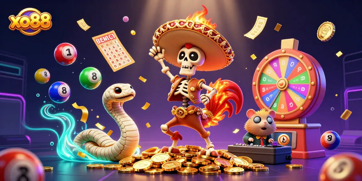 xo88 celebrates wins with a vibrant 3D illustration of a mariachi rooster, mummy snake, and DJ hamster.