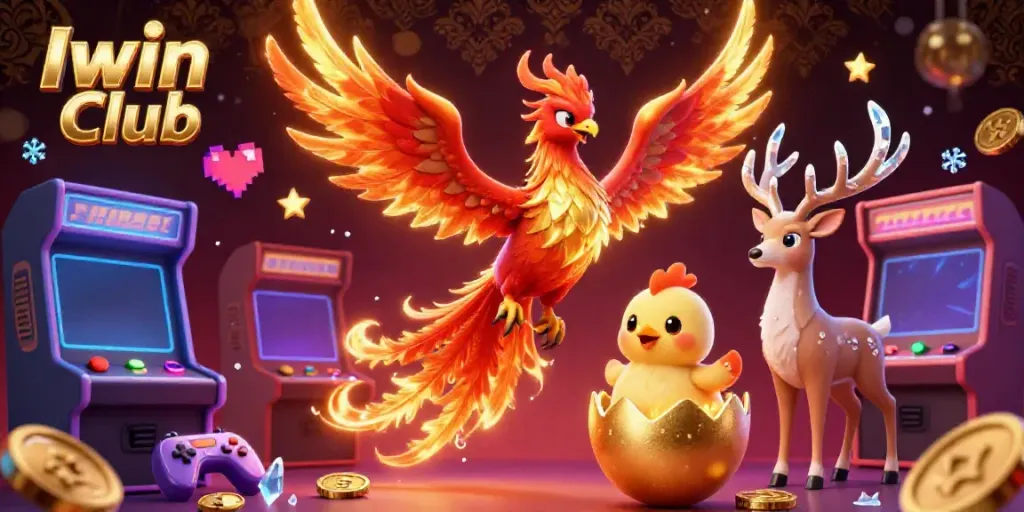 Iwin Club presents a mesmerizing 3D phoenix adventure surrounded by vibrant arcade elements.
