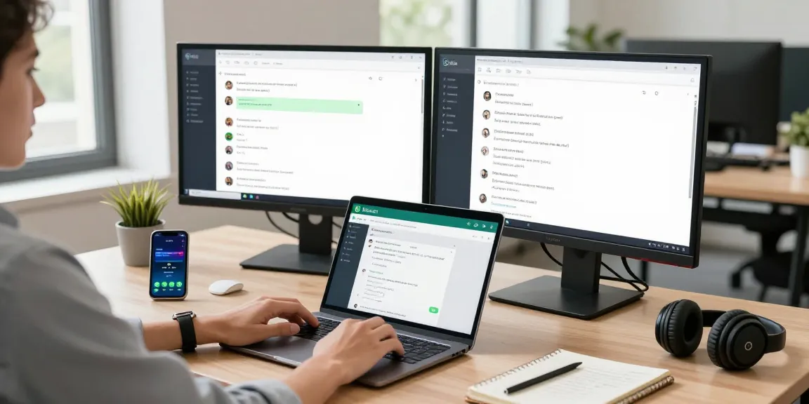Using WhatsApp網頁版 on dual monitors in a bright tech office
