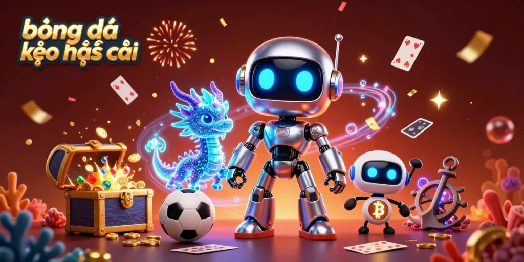Engage with bóng đá kèo nhà cái in a vibrant scene featuring a cyberpunk robot and sports betting elements.