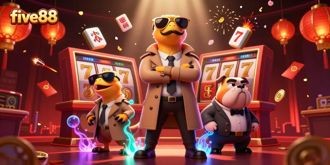 Find winning strategies with five88 in this vibrant 3D casino scene with cartoon raptors.