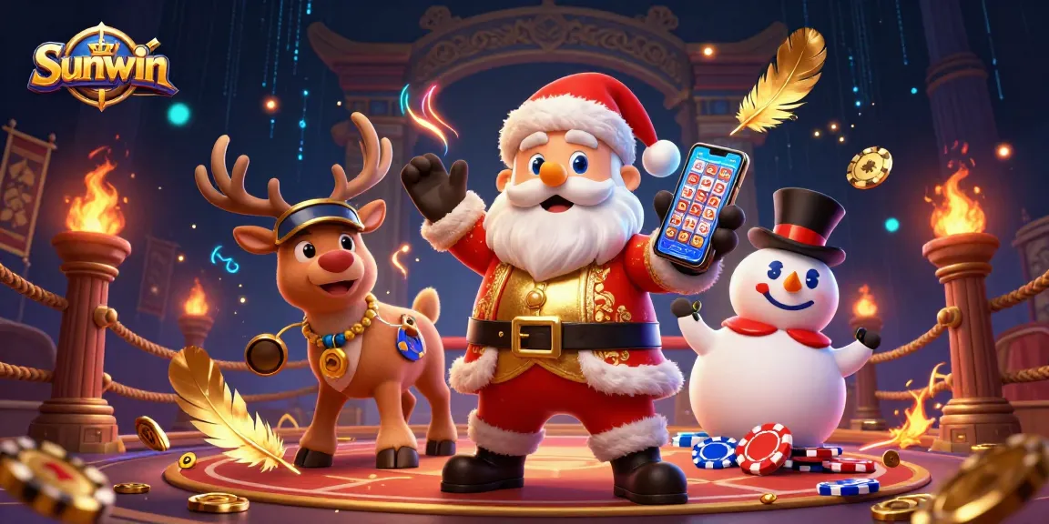 Spin for wins at Sunwin with Santa, his reindeer dealer, and a poker chip snowman!