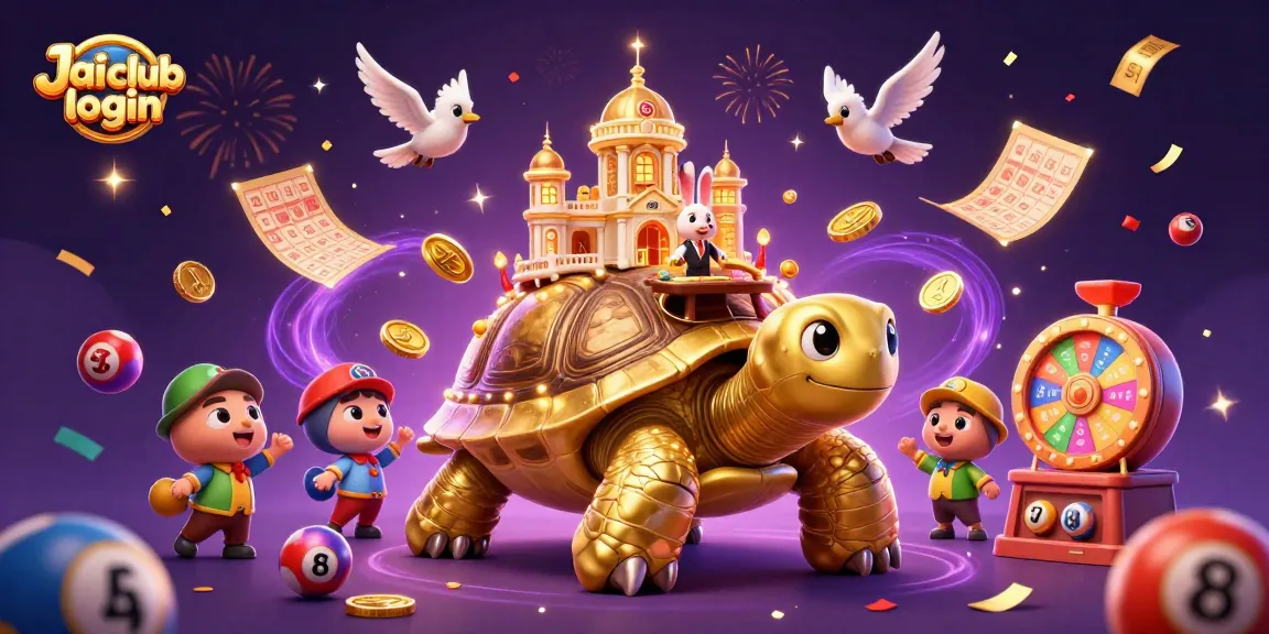 Engaging Jai club login illustration with a golden tortoise casino, rabbit dealer, and colorful lottery elements.
