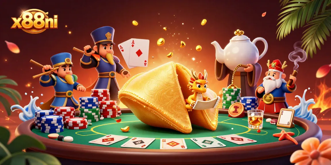Join the excitement of gambling with x88ni in this vibrant 3D casino illustration featuring game elements and characters.