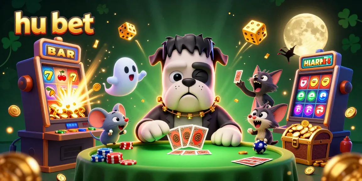 Engage in exciting gaming with hu bet, featuring a colorful 3D casino illustration with monsters and slot machines.