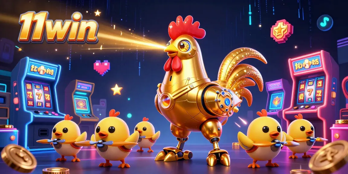 Experience thrilling 11win action with a vibrant 3D casino scene featuring a golden rooster robot.