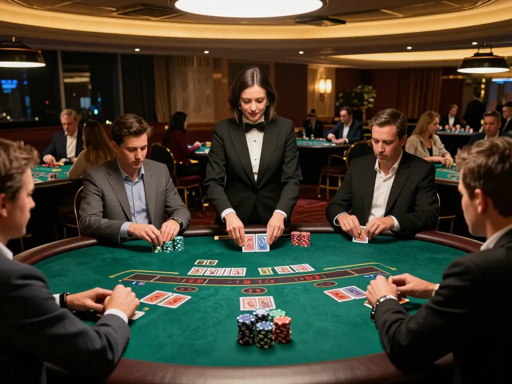 98win players strategizing their blackjack hands at an upscale casino table, vibrant atmosphere and action.
