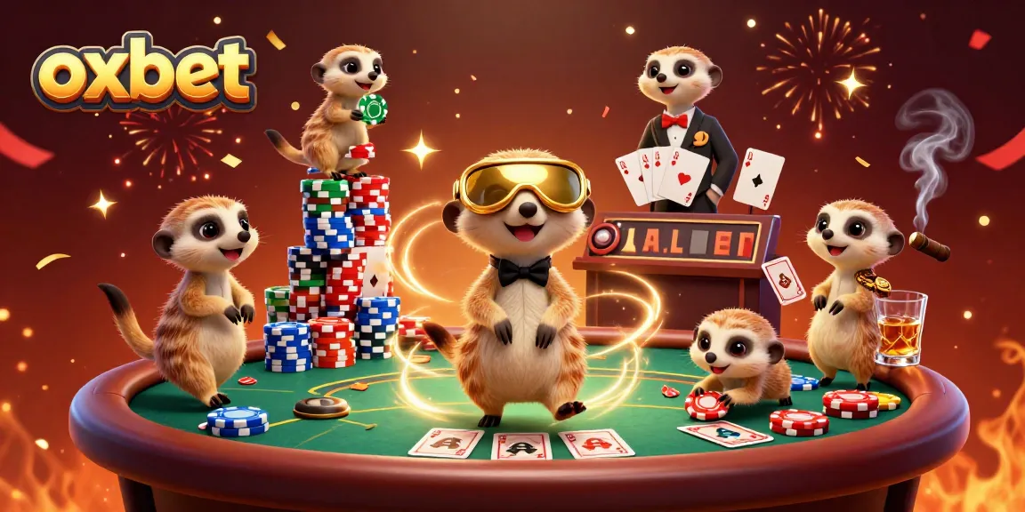 Meerkats orchestrating a dynamic poker scene for oxbet with colorful chips and cards.
