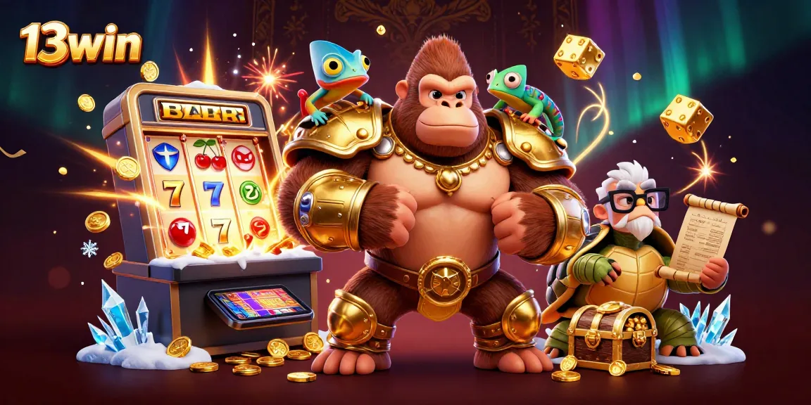 Engage with thrilling 13win casino adventures featuring a gorilla, chameleon, and tortoise in a vibrant scene.
