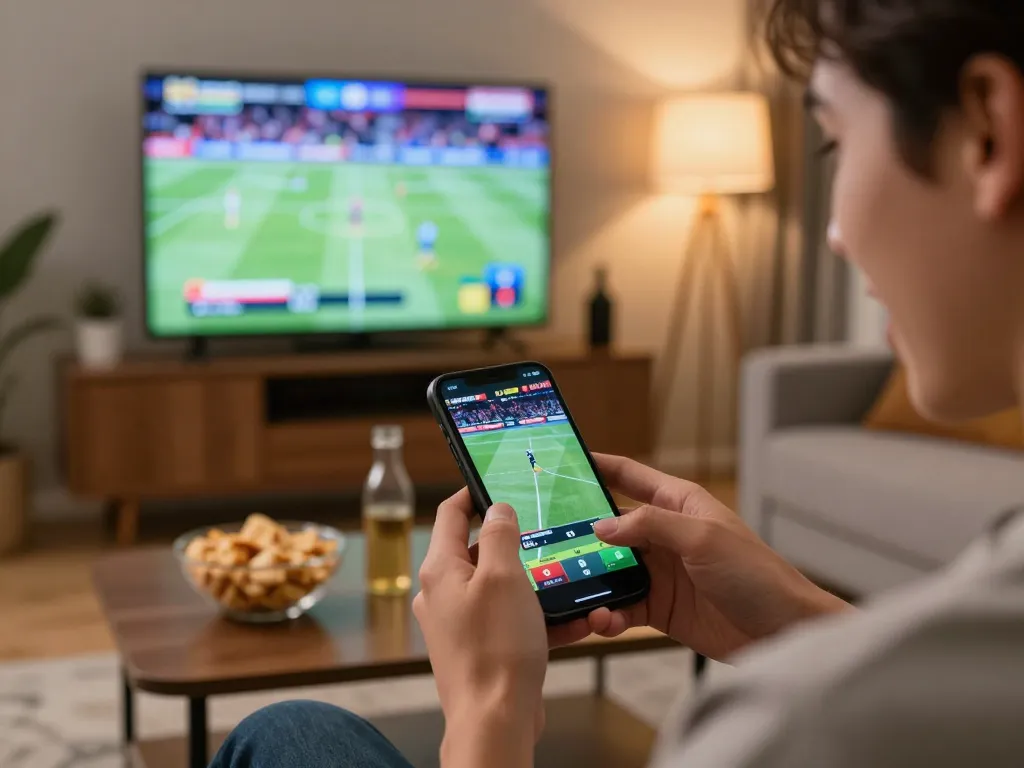 Action passionnante de paris sportifs utilisant un smartphone dans un cadre moderne et confortable sur un site de paris sportif France
