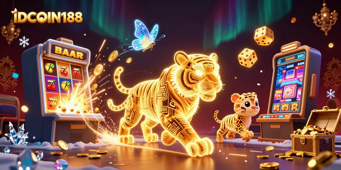 IDCOIN188 showcases exciting casino adventures with a tiger in a vibrant 3D casino landscape.