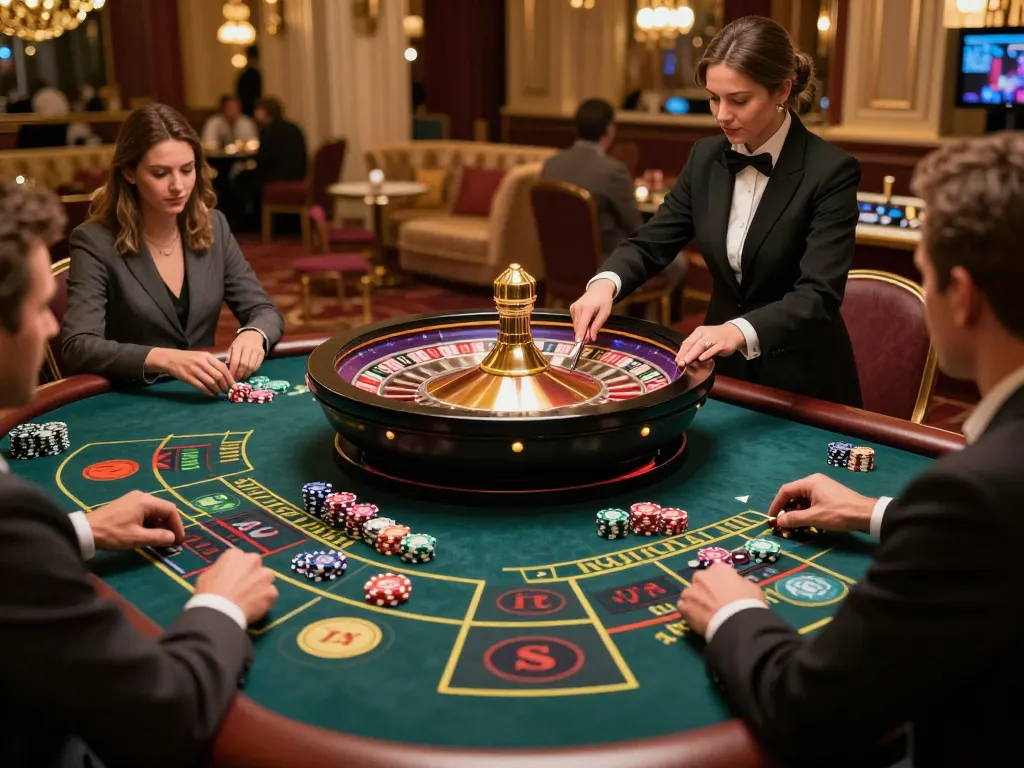 Players engaging at a lively roulette table in an upscale casino showcasing the excitement of 9bet gaming