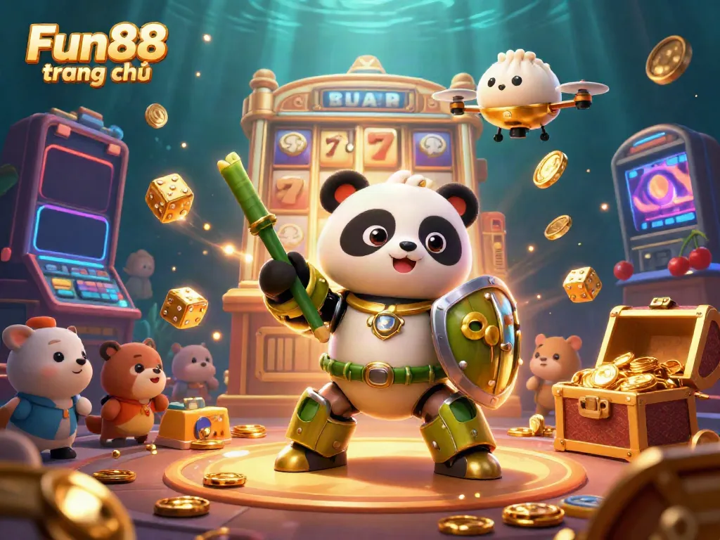 Experience the thrill of Fun88 trang chủ with a dynamic 3D casino scene featuring a golden panda and vibrant game elements.